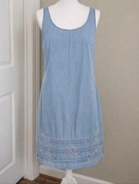 Y2K Denim Jumper Dress Coastal Cowgirl Tropical Monstera Midi Light Wash